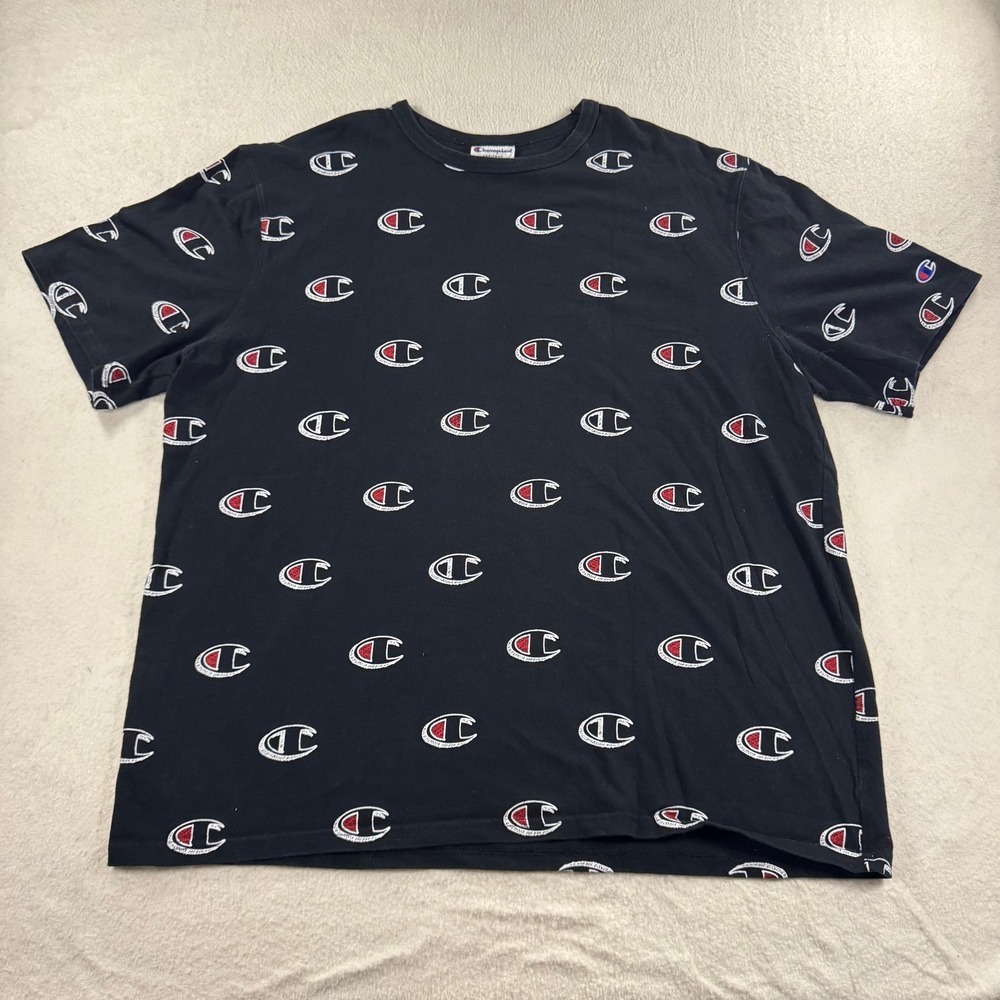 Champion T-Shirt Mens 2XL Black All Over Logo Print Heritage Retro 90s Style
